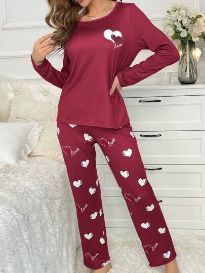 Full Printed Heart Letter Long Sleeve Top Pants Pyjama Set, Fall Clothes view 6
