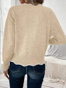 SHEIN LUNE Contrast Scallop Trim Drop Shoulder Sweater - Apricot - View 2