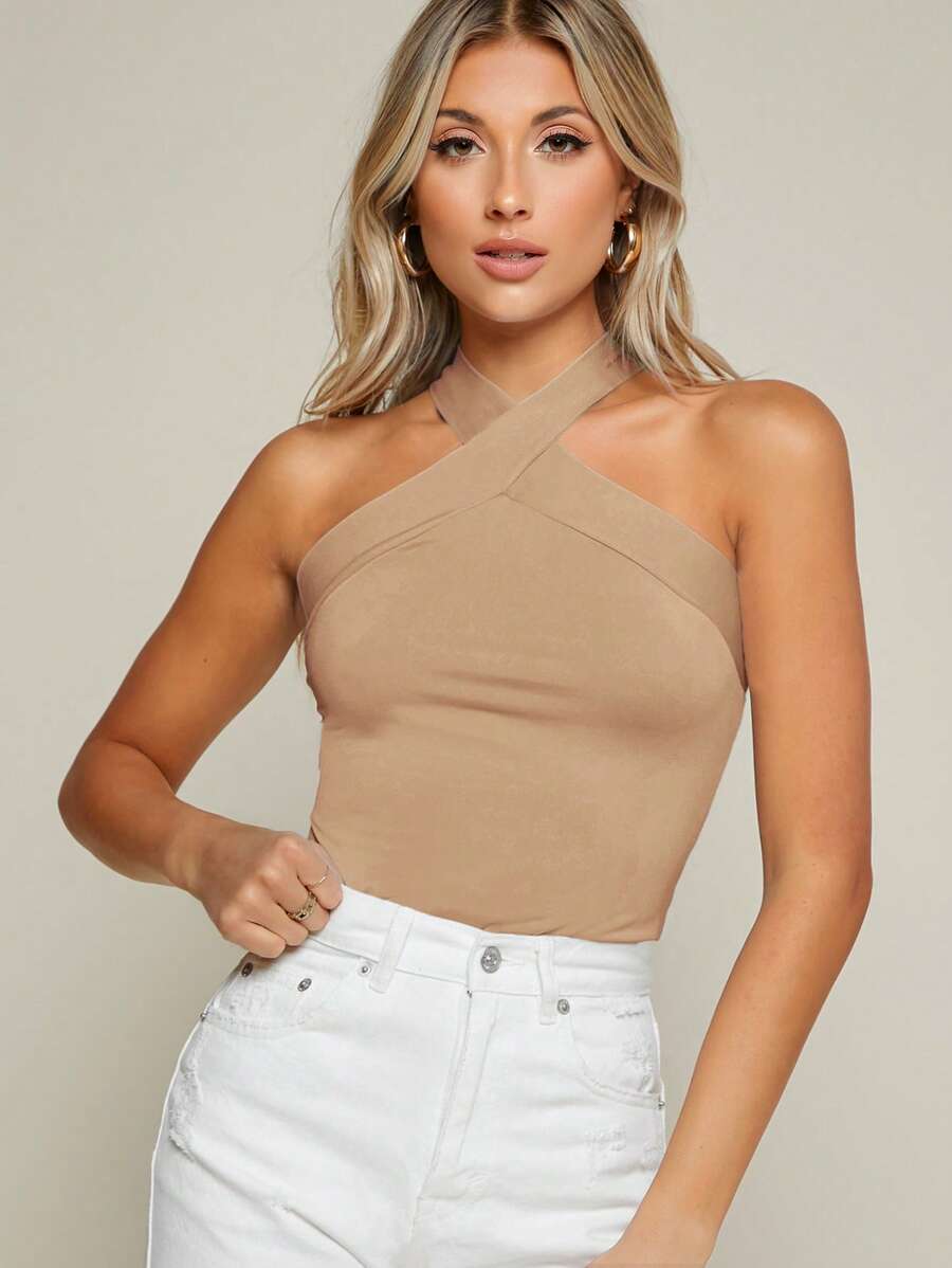 SHEIN BAE Solid Color Halter Neck Tank Top - Apricot - View 1