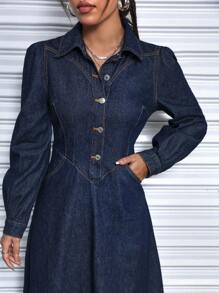 SHEIN PETITE Women's Denim Stitching Line Detail Dress - Dark Wash - View 5