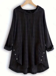 加大码格子印花纽扣装饰抽绳连帽高低摆上衣，休闲黑色春季款 - 黑色 - 查看 3