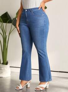 SHEIN LUNE 大尺碼修身喇叭牛仔褲 - 中等水洗藍 - 查看 4