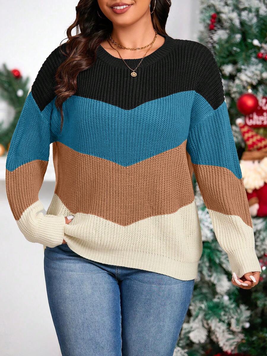 SHEIN LUNE 大尺碼女款落肩拼色毛衣 - 彩色 - 查看 1