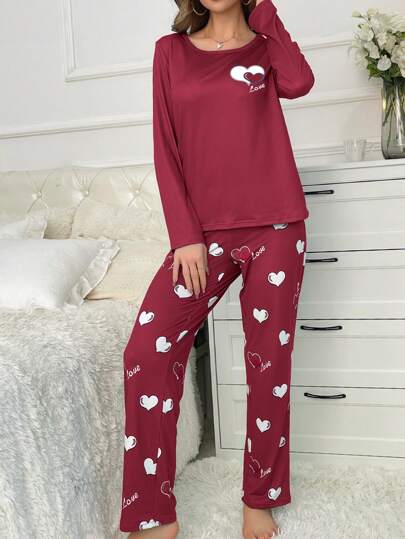 Full Printed Heart Letter Long Sleeve Top Pants Pyjama Set, Fall Clothes view 5
