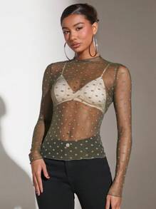 SHEIN BAE Women's Sheer Polka Dot Mesh Top - Army Green - View 8