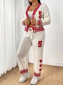 Flirla Của phụ nữ Kích thước lớn Tương phản Màu sắc Tim & Mẫu chữ Áo len Bộ - Màu be - Xem 4