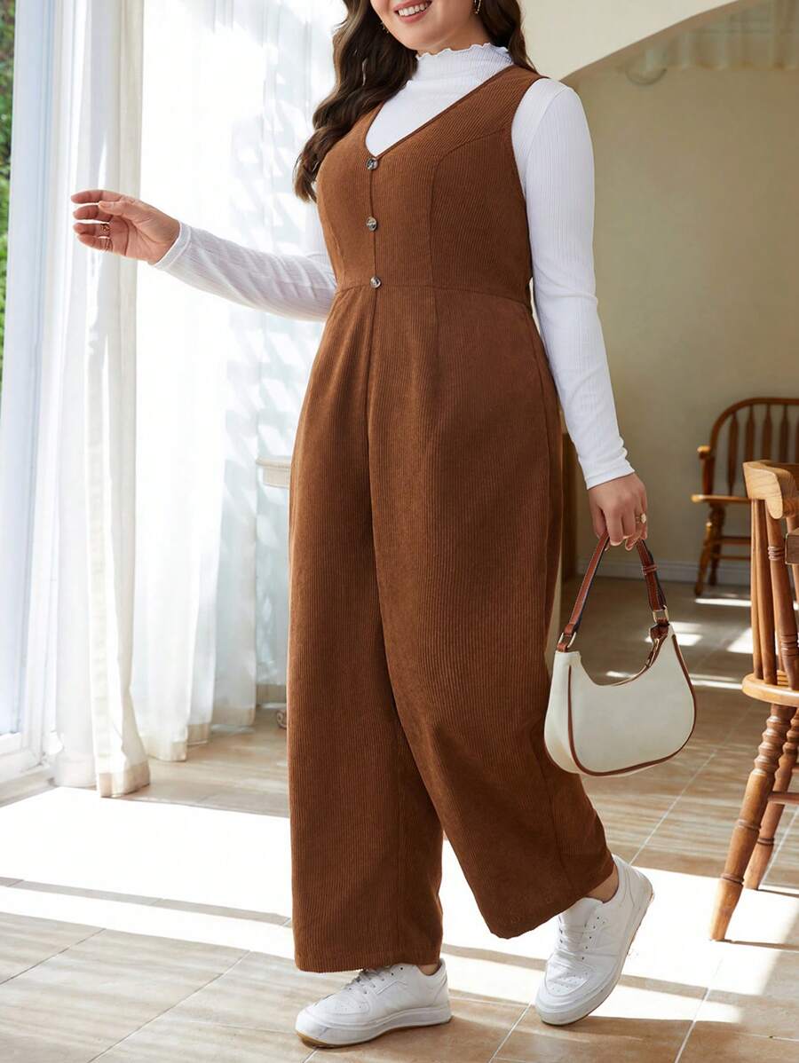 SHEIN Frenchy Của phụ nữ Kích thước lớn Màu thuần Áo liền quần - màu nâu - Xem 1