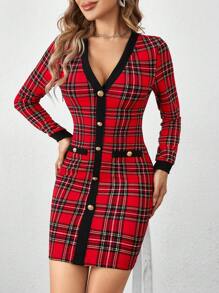 SHEIN Clasi 1pc Tartan Print Button Front Bodycon Dress - Multicolor - View 6
