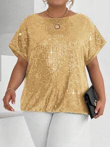 SHEIN BAE 大碼蝙蝠袖亮片t恤 - 金色 - 查看 3