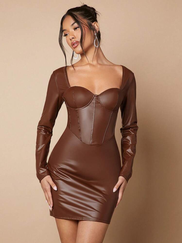 SHEIN BAE Women's Sweetheart Neckline Pu Leather Dress - Brown - View 1