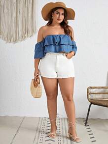 SHEIN VCAY 大码露肩荷叶边牛仔上衣 - 中等水洗藍 - 查看 3