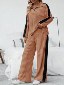 SHEIN Essnce Conjunto De Pantalones Y Top De Punto Acanalado Con Bloques De Color - Caqui - Ver 3