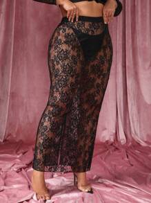 SHEIN SXY Váy ren cạp cao không kèm quần lót, ngày lễ tình nhân - màu đen - Xem 1