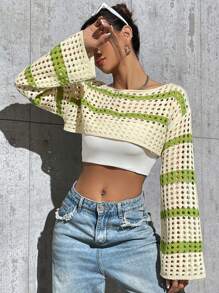 SHEIN Unity Sọc Thả vai Lưới Đan Áo len Crop - màu xanh lá - Xem 3