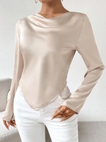 SHEIN X Jessie SHEIN Privé 優雅不對稱下擺彩色緞面襯衫 - 杏色 - 查看 5