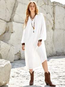 Bohemela 女士純色燈籠袖落肩裙 - 白色 - 查看 3