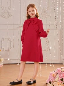 SHEIN Tween Girl Stand Collar Dress With Decorative Back Pleats And Buttons, Long Sleeve