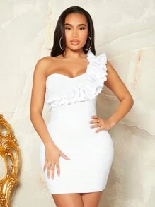 SHEIN SXY 單肩荷葉邊緊身連衣裙 - 白色 - 查看 1