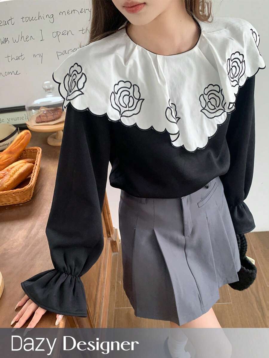 Dazy Designer Thêu hoa Tay áo loe Áo nỉ - Đen và trắng - Xem 1