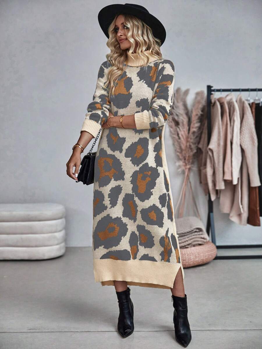 SHEIN LUNE Của phụ nữ Cổ cao In hoa Báo Đầm Áo len - Nhiều màu - Xem 1