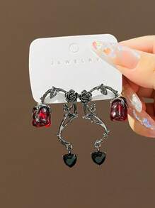 ROMWE Goth 1 对深色树枝和玫瑰设计耳环情人节、妈妈、母亲、母亲节、礼物 - 酒紅色 - 查看 2