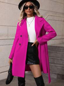 SHEIN Clasi 女雙排扣束帶羊毛大衣 - 玫紅色 - 查看 3