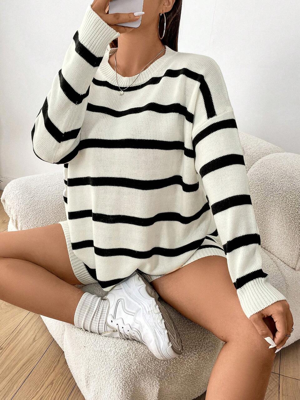 Plus Size Striped Casual Sweater Set