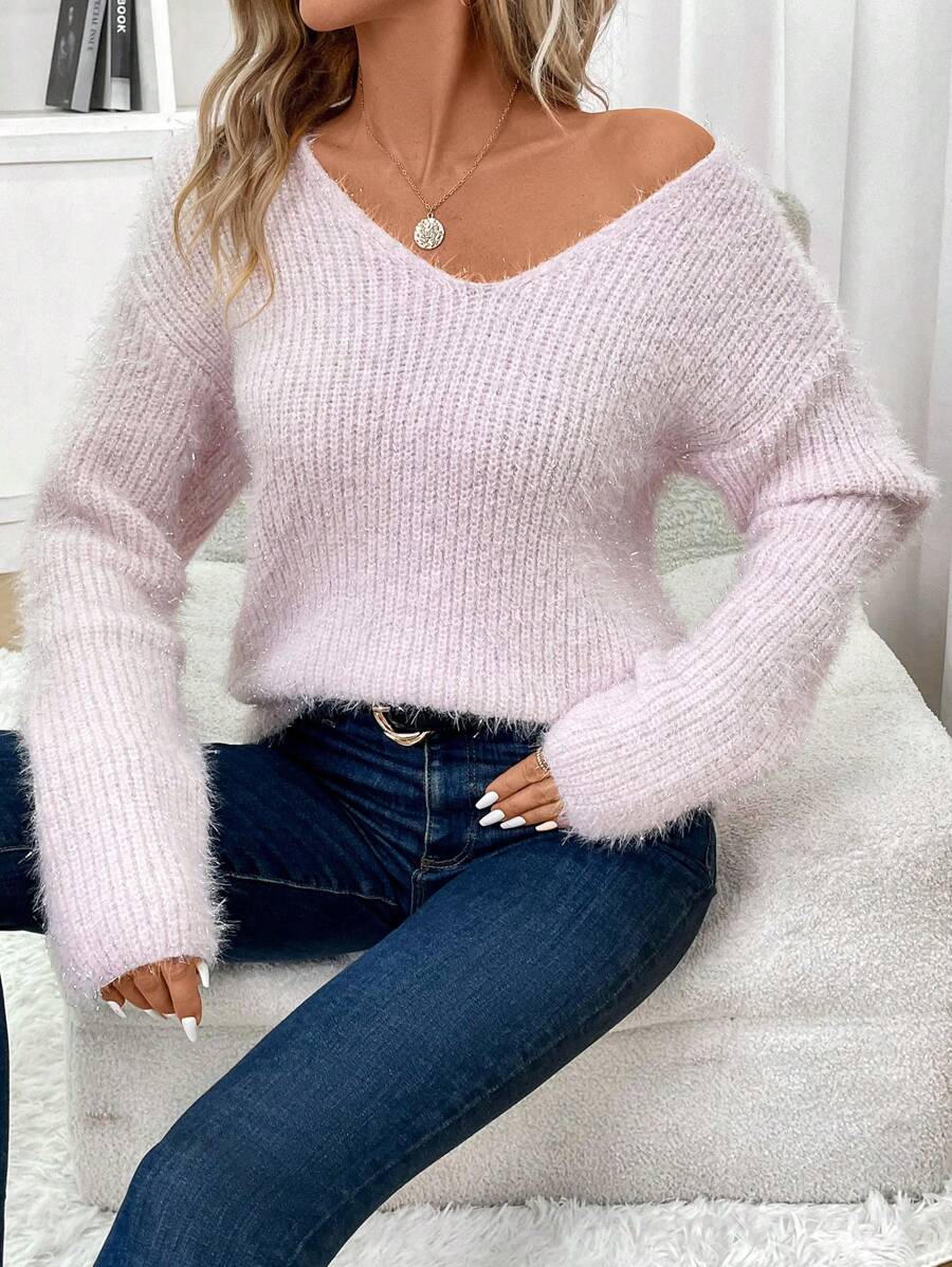 SHEIN Clasi Suéter Peludo De Manga Larga Con Cuello En V - Rosa Pálido - Ver 1
