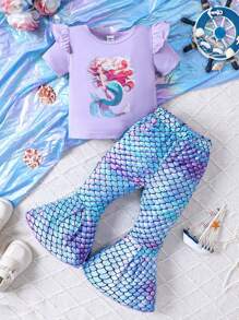 Baby Girls' Mermaid Printed Ruffle Short Sleeve Top And Fish Scale Printed Flared Pants - Purple - View 1