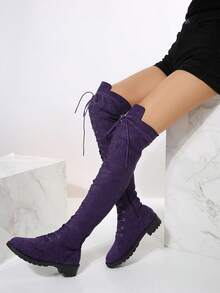 女性時尚麂皮綁帶低跟過膝靴黑色靴子 - 紫色 - 查看 4