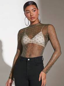 SHEIN BAE Women's Sheer Polka Dot Mesh Top - Army Green - View 4