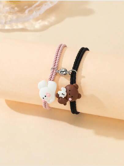 Kawaii 2pcs Couples Bracelets, Cartoon Magnetic Matching Wristbands, Valentine's Day Gift,Mom,Mother,Mother's Day,Gift