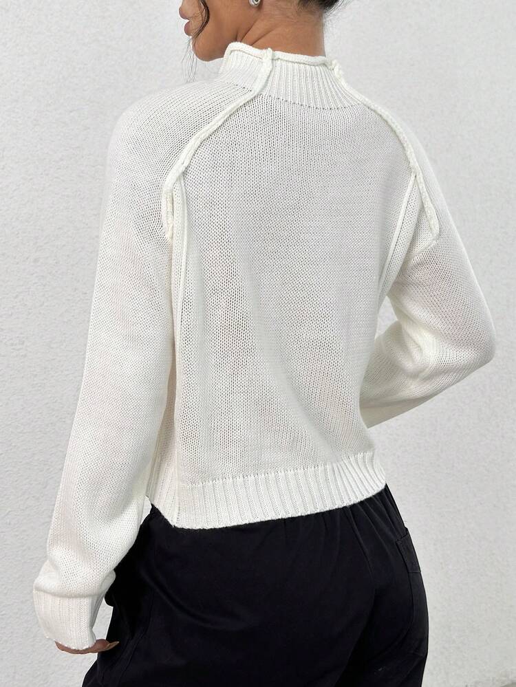 Women's Solid Color Raglan Sleeve Stand Collar Cropped Knit Pullover Fall Winter Sweater