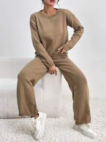 SHEIN Essnce Drop Shoulder Sweater & Knit Pants - Khaki - View 1