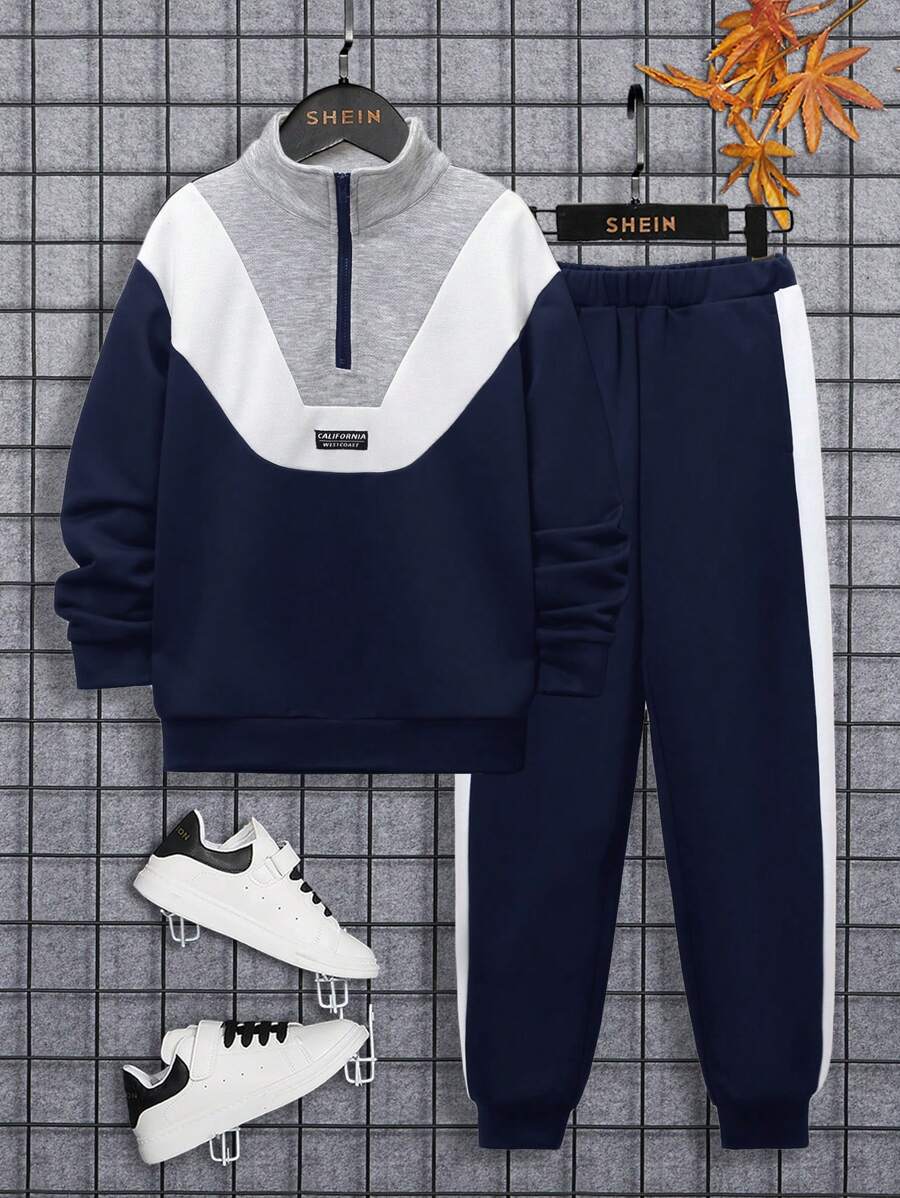 SHEIN Tween Boy Spliced Color Block Stand Collar Sweatshirt And Pants Set