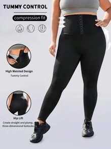 Easithlete 大碼鉤眼扣運動打底褲 - 黑色 - 查看 1