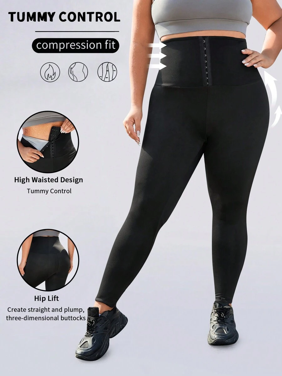 Easithlete 大碼鉤眼扣運動打底褲 - 黑色 - 查看 1