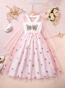 Teen Girls' Chinese Style Han Element Rose Embroidery Stand Collar Long Dress