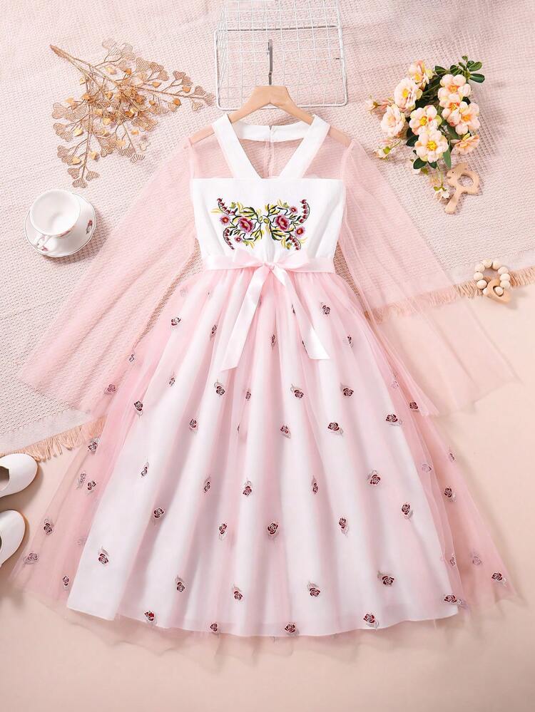 Teen Girls' Chinese Style Han Element Rose Embroidery Stand Collar Long Dress