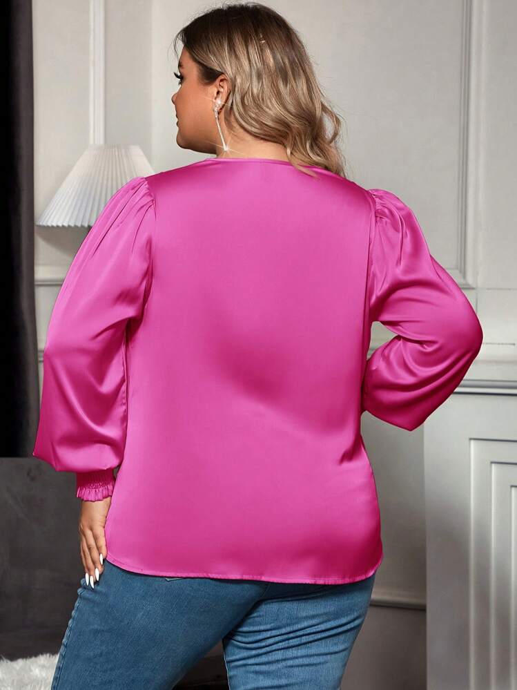 SHEIN Clasi Camisa De Talla Grande Para Mujer Con Pliegues Y Cuello En V Sólido - Rosa Fucsia - Ver 2