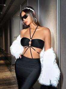 SHEIN ICON Women's Metal Ring Halter Neck Top And Skirt Set - Black - View 4