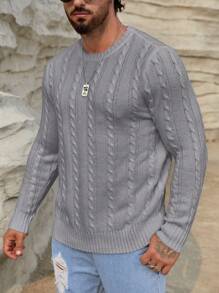 GENTILAND Men's Long Sleeve Cable Knitted Sweater With Round Neckline - Grey - View 3