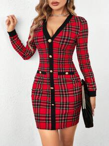 SHEIN Clasi 1pc Tartan Print Button Front Bodycon Dress - Multicolor - View 5