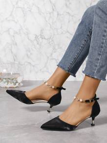Black Satin Rhinestone & Faux Pearl Decorated Ankle Strap Hollow Out Pointed Toe High Heeled Shoes - Black - View 3