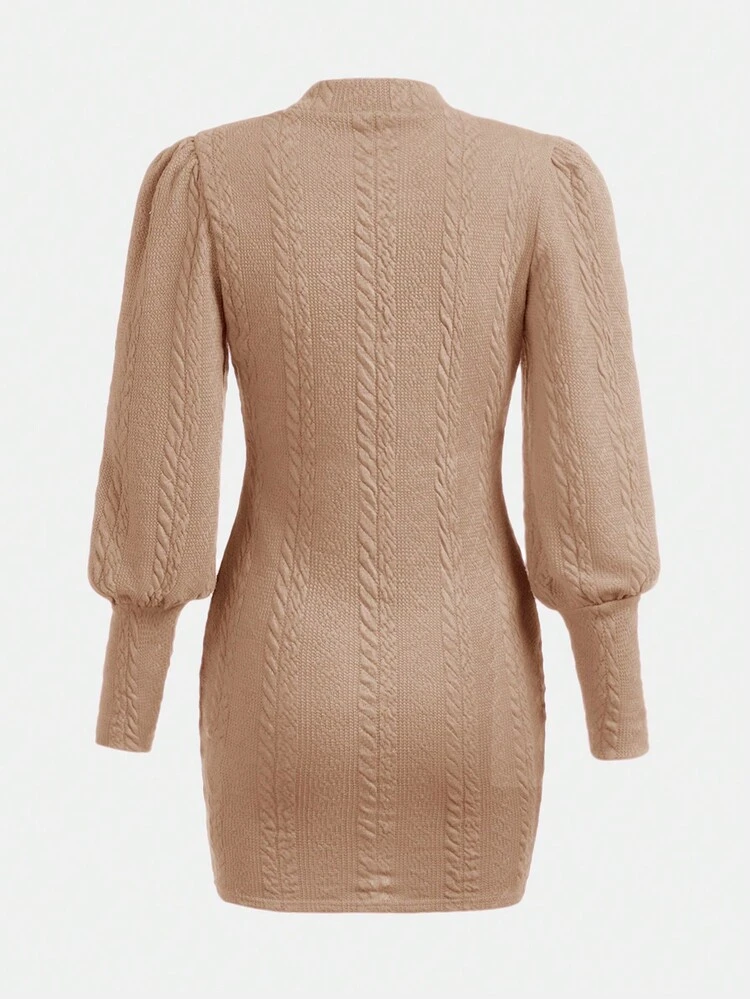 Teen Girls' Knitted Jacquard Stand Collar Dress With Lantern Sleeve, Belt Not Included