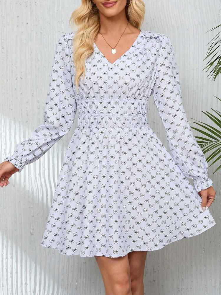 Women'S Bowknot Print Long Sleeve Dress