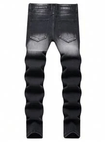 Men's Slim Fit Ripped Black Straight Leg Jeans - Black - View 2