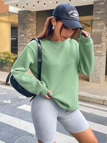 SHEIN Essnce 圓領落肩袖運動衫 - 綠色 - 查看 5