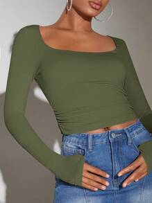 SHEIN BAE Women's Casual Solid Color Long Sleeve T-Shirt, Versatile For Winter - Army Green - View 4