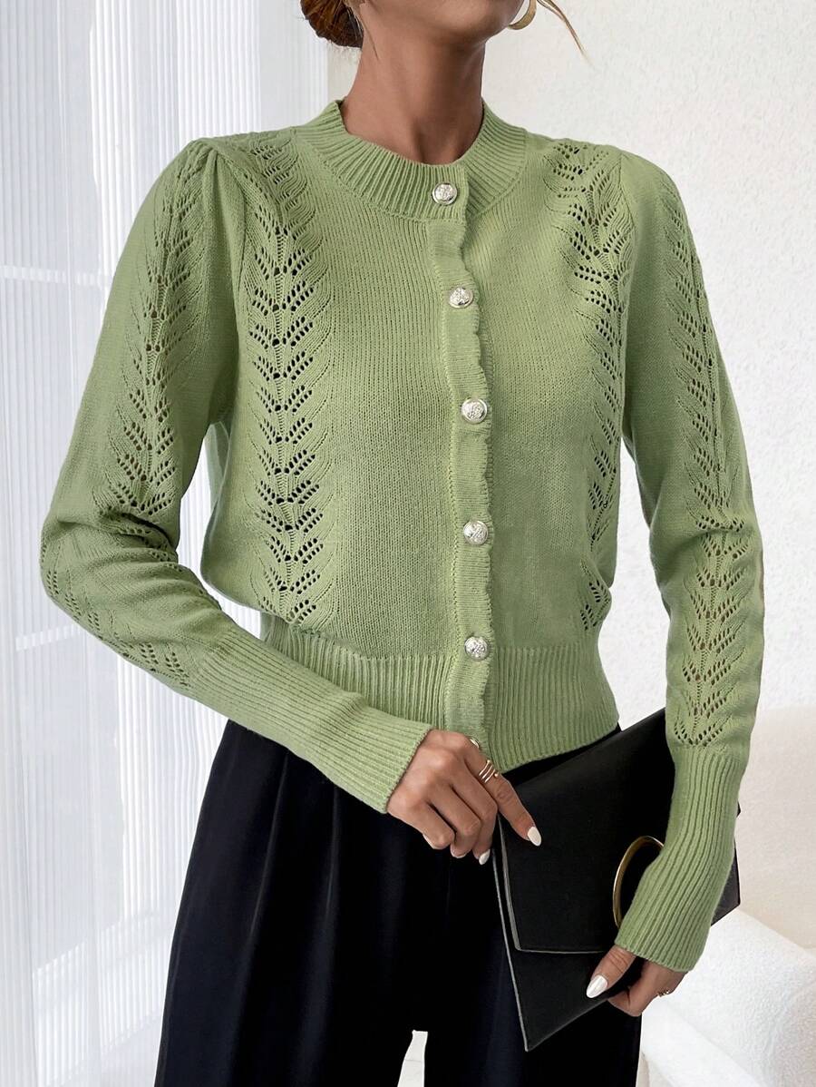 SHEIN Essnce Women's Round Neck Button-up Cardigan - Green - View 1